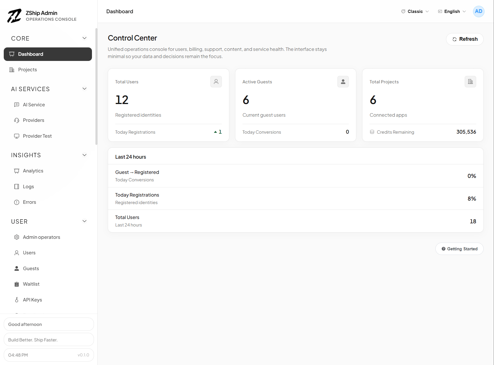 ZShip 管理后台 — 工作台仪表盘