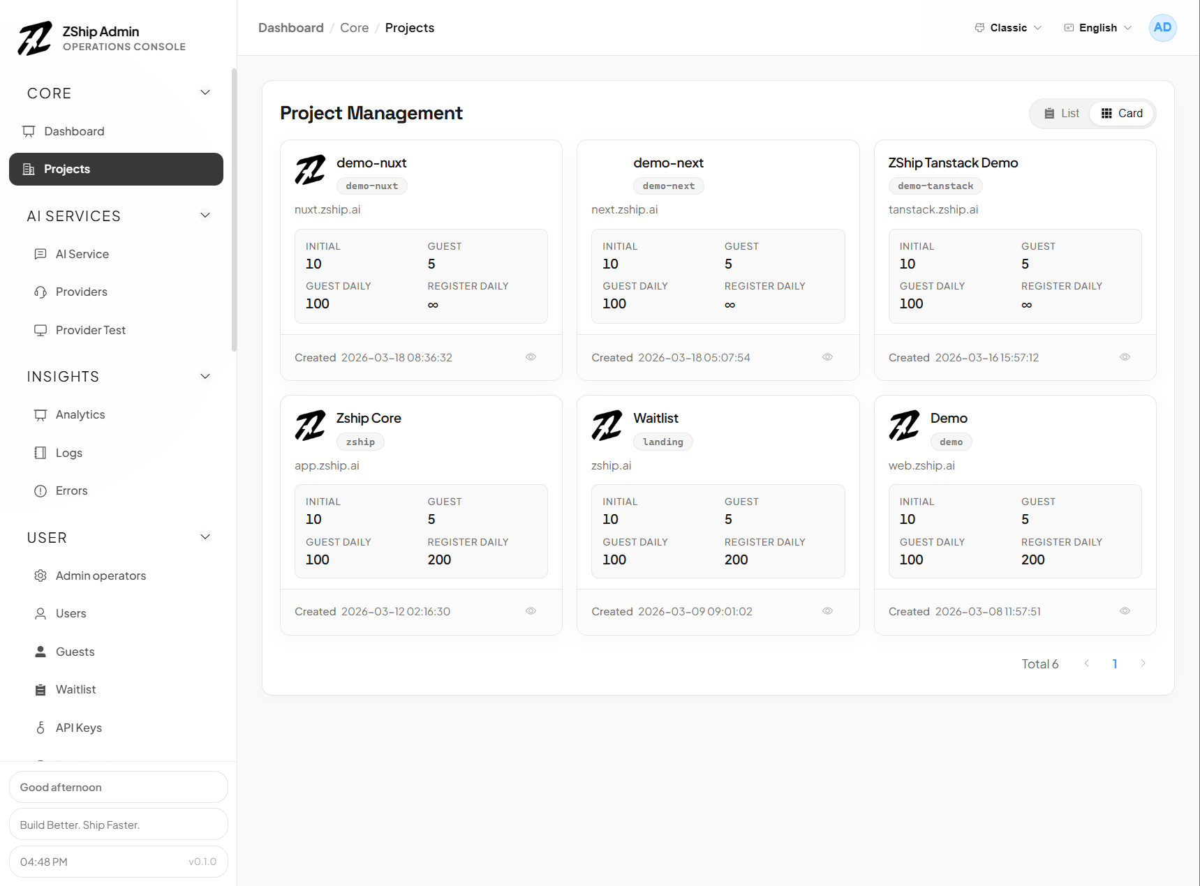 ZShip 管理后台 — 项目 / 网站管理