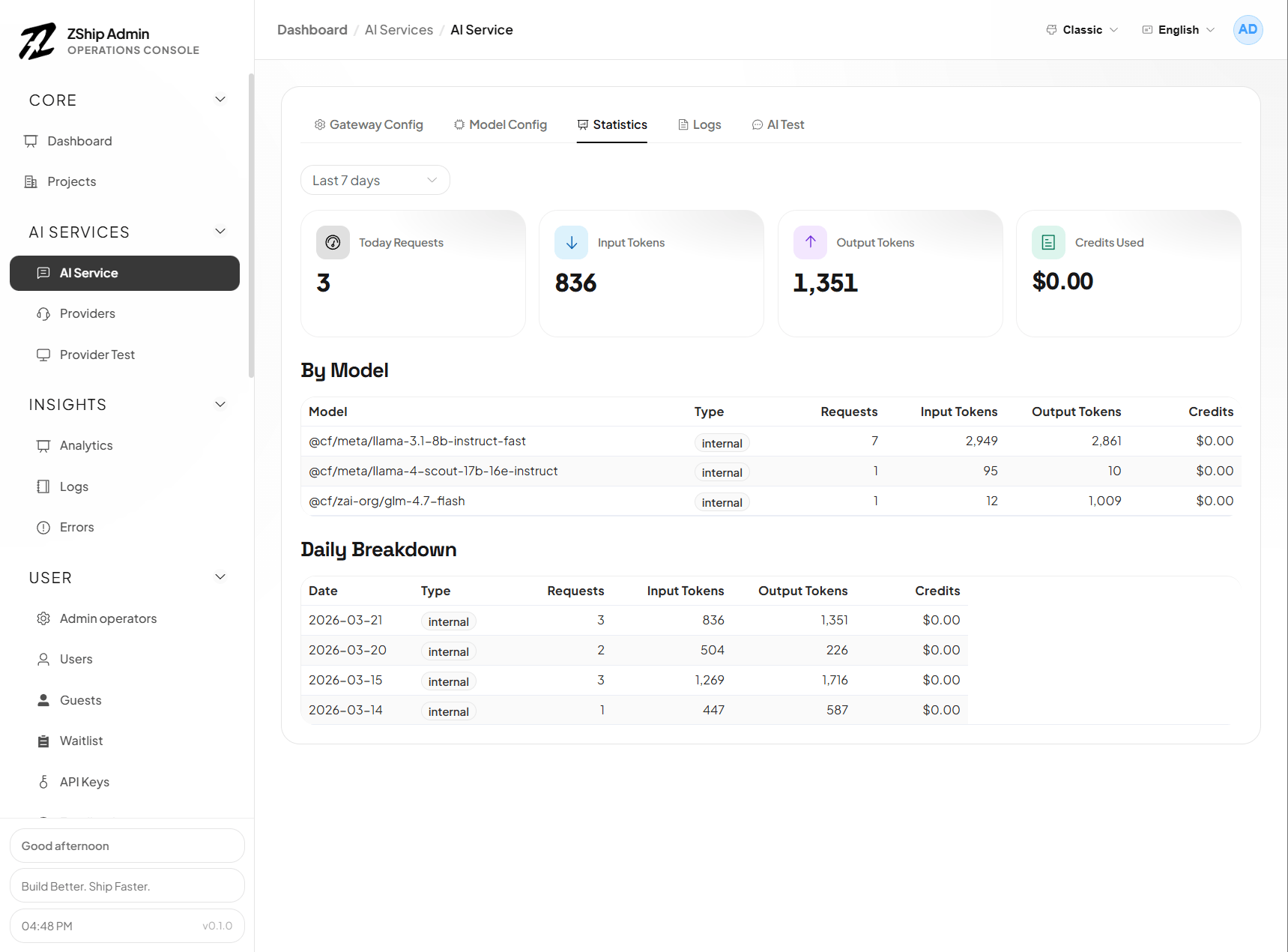 管理后台 — Cloudflare AI 网关与模型