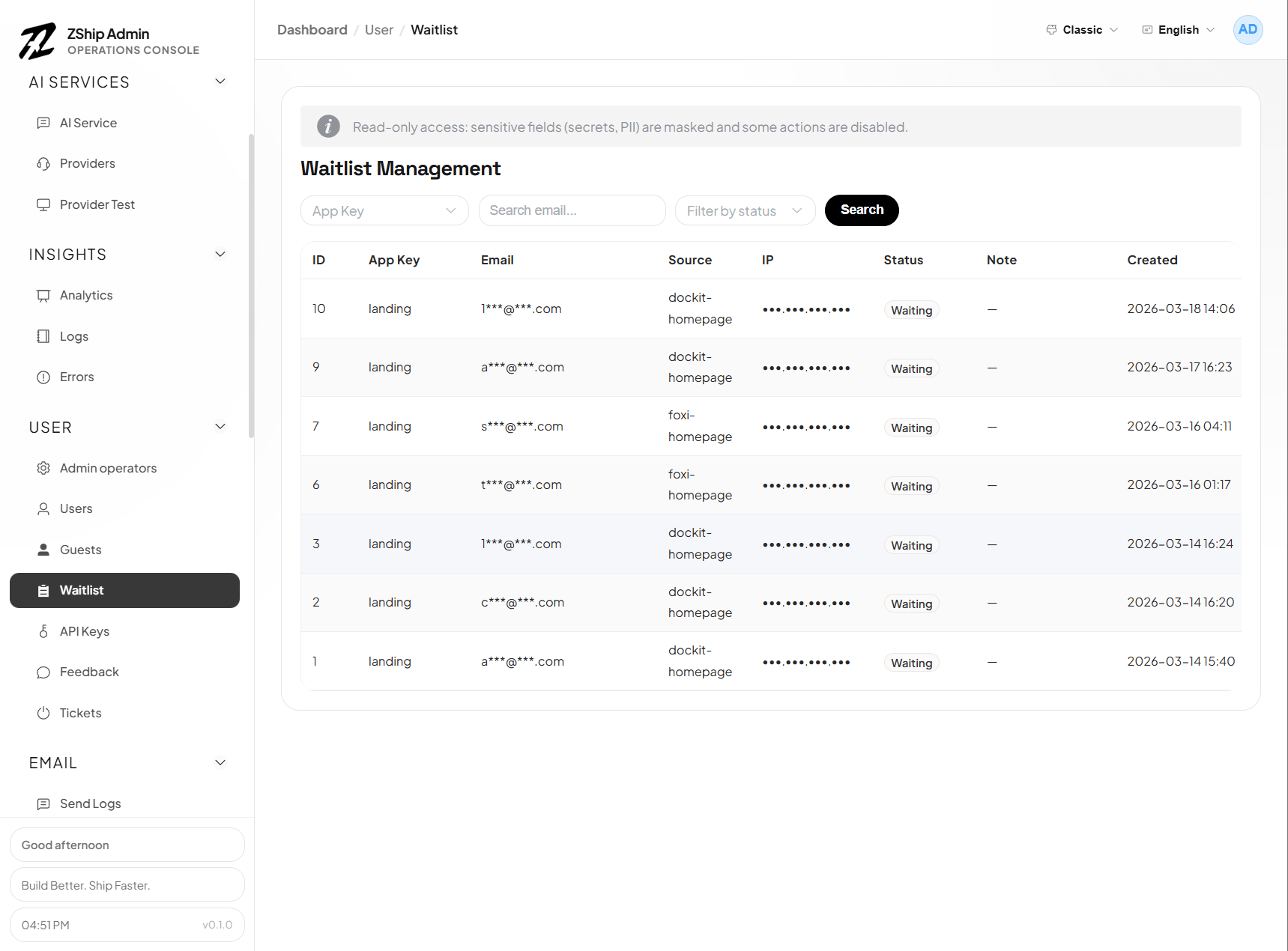 管理后台 — 等待队列 Waitlist