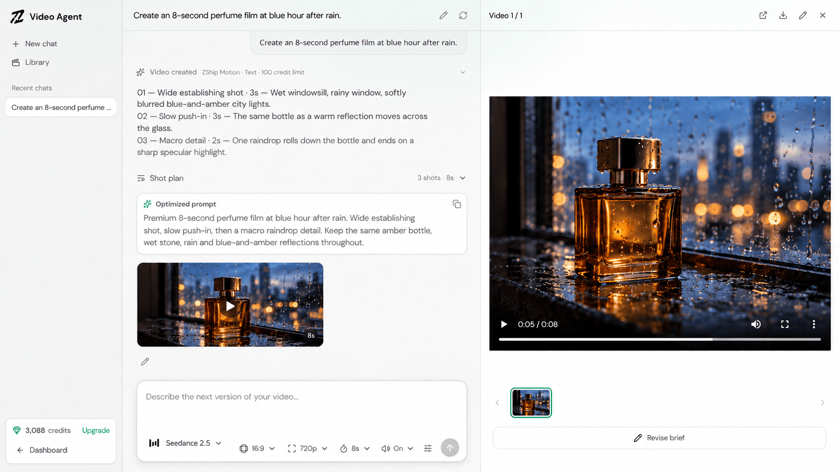 Video Agent model picker with Seedance 2.5